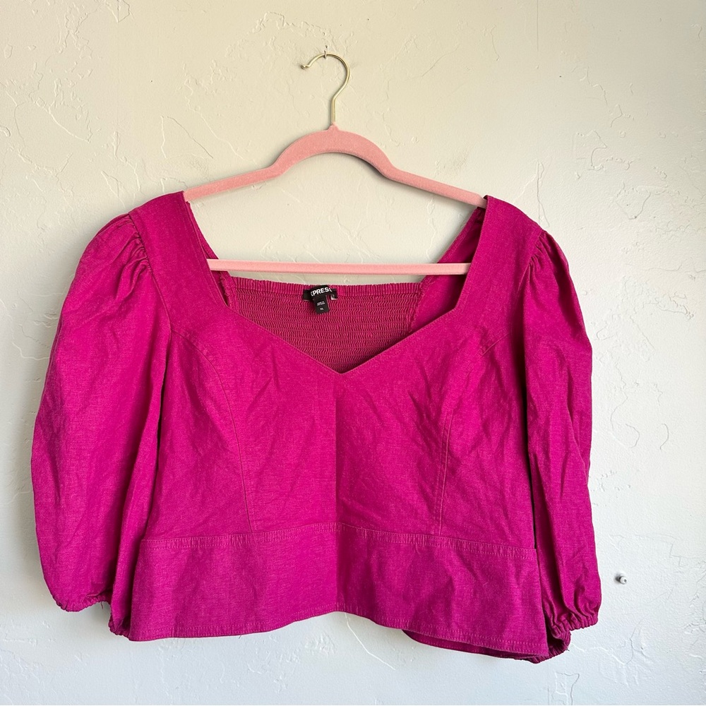 Express Fuchsia Linen Blend Bubble Puff Sleeves Crop Top SZ XL EUC Resort Summer